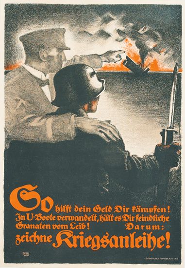 LUCIAN BERNHARD (1883-1972). SO HILFT DEIN GELD / KRIEGSANLEIHE! 1917. 16x11 inches, 42x29 cm. Hollerbaum & Schmidt, Berlin.
